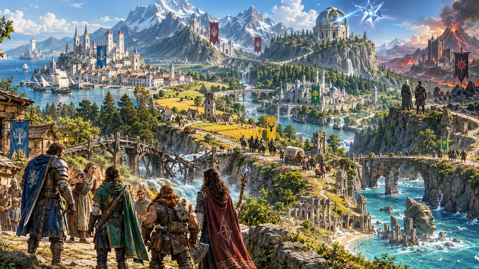 Fantasy illustration of adventurers looking across varied regions, a city and a mountain tower