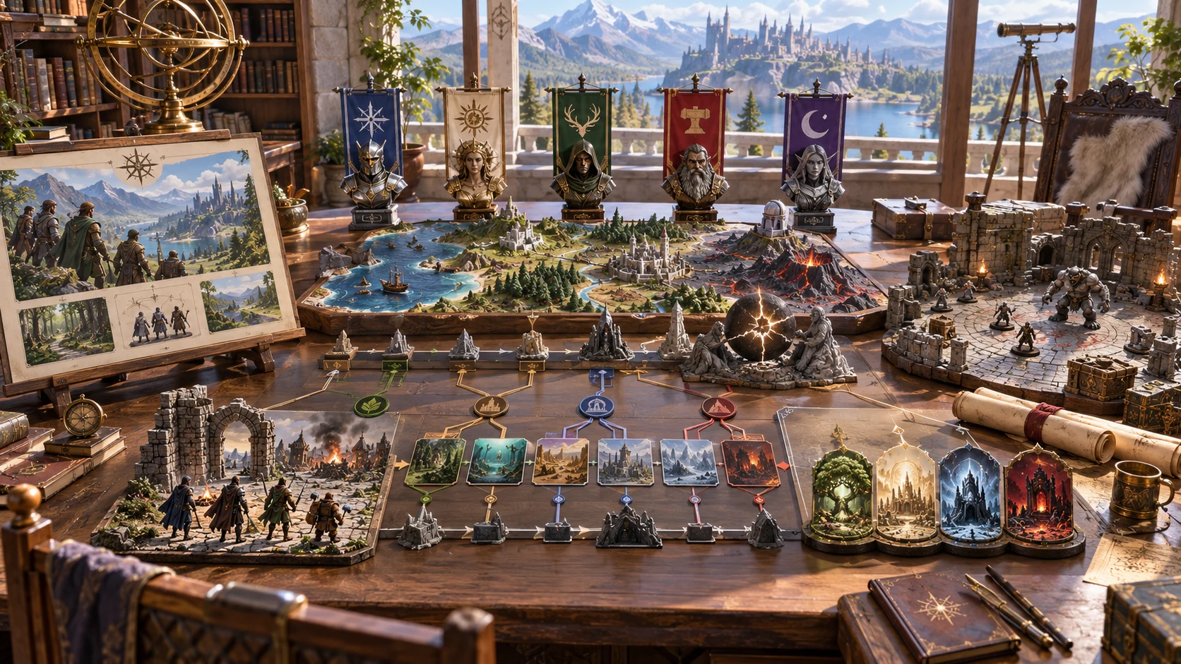 Illustration of a campaign model with regions, faction figures, arc paths and ending cards